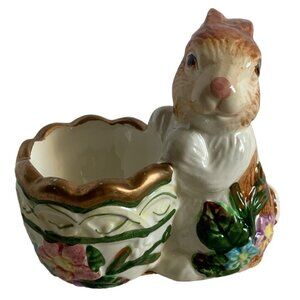 Vintage Nantucket Bunny Rabbit Figure Egg Cup Gold Trim Ceramic 4” Floral Design